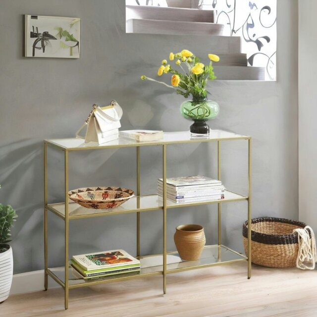 Rackhams Industrial Hallway Table With 3 Tempered Glass Shelves Gold - image 1
