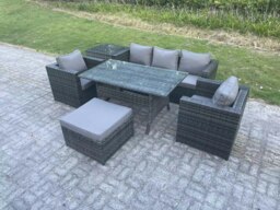 Rackhams PE Wicker Rattan Garden Furniture Set Outdoor Rectangular Dining Table Lounge Sofa Chair with Side Table Stool 6 Seater - thumbnail 1