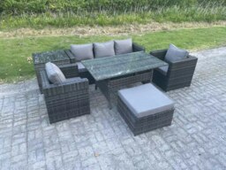 Rackhams PE Wicker Rattan Garden Furniture Set Outdoor Rectangular Dining Table Lounge Sofa Chair with Side Table Stool 6 Seater - thumbnail 2