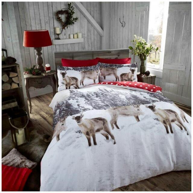 Rackhams Flannelette Duvet Cover and Pillowcase Set - Snow Reindeer - Single (135cm x 200cm)