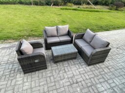 Rackhams High Back Rattan Garden Furniture Sets with Loveseat Sofa Rectangular Coffee Table Indoor Outdoor Patio Lounge Sofa Set Dark Grey Mixed - thumbnail 2
