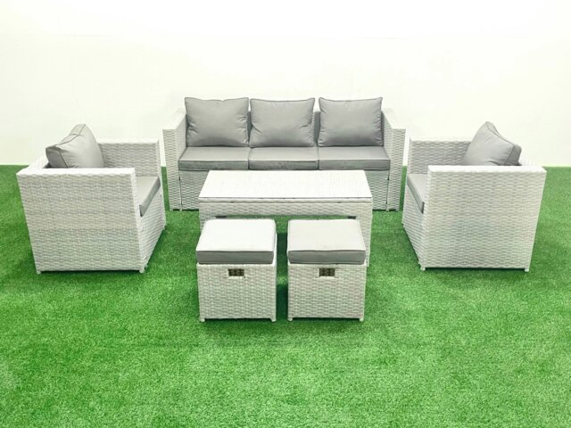 Rackhams Rattan Garden Furniture Set 7 Seater Outdoor Garden Sofa Oblong Coffee Table Set with 2 Chairs 2 Stools Light Grey Mixed - image 1