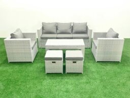 Rackhams Rattan Garden Furniture Set 7 Seater Outdoor Garden Sofa Oblong Coffee Table Set with 2 Chairs 2 Stools Light Grey Mixed - thumbnail 1