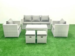 Rackhams Rattan Garden Furniture Set 7 Seater Outdoor Garden Sofa Oblong Coffee Table Set with 2 Chairs 2 Stools Light Grey Mixed - thumbnail 2
