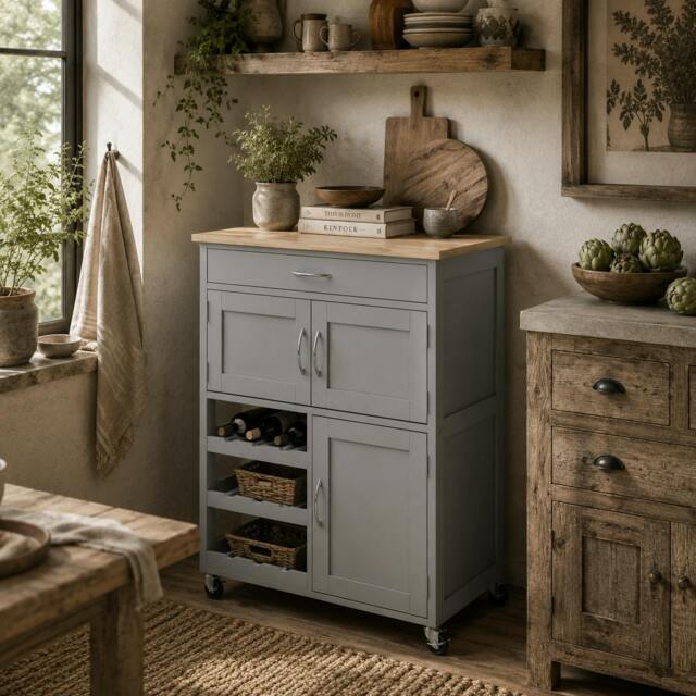 Rackhams Lehari Grey Wooden Rolling Kitchen Island With Drawer Wine Rack Door Cabinets And Natural Wood Top - image 1