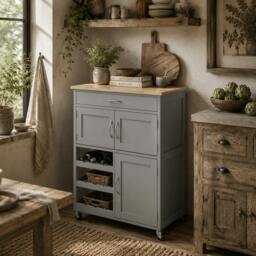 Rackhams Lehari Grey Wooden Rolling Kitchen Island With Drawer Wine Rack Door Cabinets And Natural Wood Top - thumbnail 1