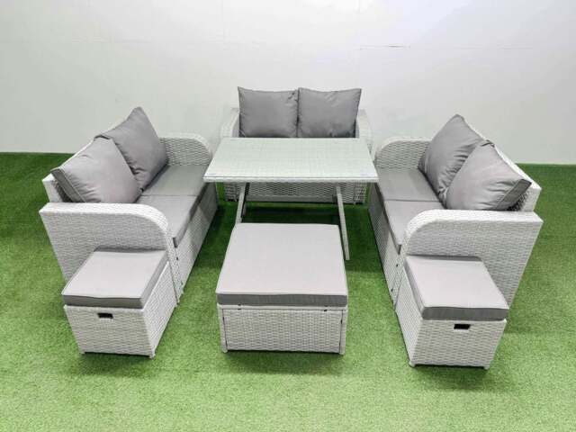 Rackhams Rattan Garden Furniture Dining Set 9 seater Patio Rectangular Table Love Sofa Set with 3 Stools - image 1