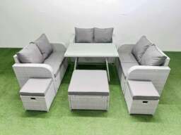 Rackhams Rattan Garden Furniture Dining Set 9 seater Patio Rectangular Table Love Sofa Set with 3 Stools - thumbnail 1