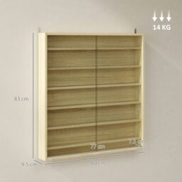 Rackhams 7-Tier Wall Display Cabinet w/ Shelves Glass Doors, Oak - Oak - 83H x 80W x 9.5D cm - Display cabinet - thumbnail 3