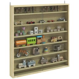 Rackhams 7-Tier Wall Display Cabinet w/ Shelves Glass Doors, Oak - Oak - 83H x 80W x 9.5D cm - Display cabinet - thumbnail 2