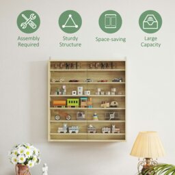 Rackhams 7-Tier Wall Display Cabinet w/ Shelves Glass Doors, Oak - Oak - 83H x 80W x 9.5D cm - Display cabinet - thumbnail 6