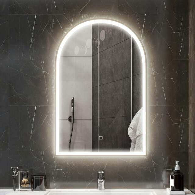 Rackhams 90x60cm LED Bathroom Mirror, Anti-Fog Arched Vanity Mirror, Gold Tone - image 1