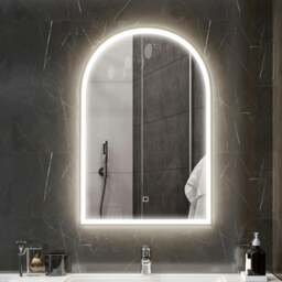 Rackhams 90x60cm LED Bathroom Mirror, Anti-Fog Arched Vanity Mirror, Gold Tone - thumbnail 1