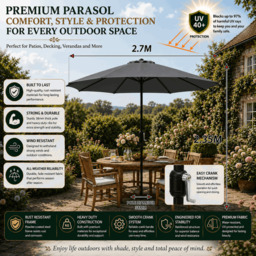 Rackhams Garden Parasol Table Umbrella 2.7M Crank Handle, UV40 Protection, Includes Protection Cover, Robust Steel - Dark Grey - thumbnail 2