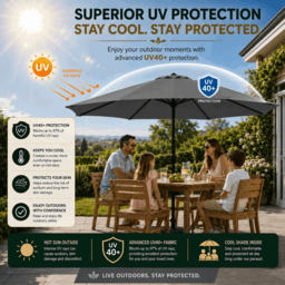 Rackhams Garden Parasol Table Umbrella 2.7M Crank Handle, UV40 Protection, Includes Protection Cover, Robust Steel - Dark Grey - thumbnail 4