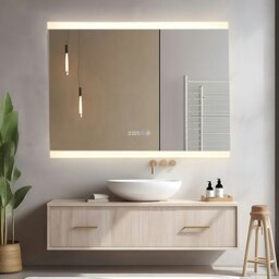 Rackhams Large Rectangular Frameless Anti-Fog LED Vanity Mirror with Clock - thumbnail 2