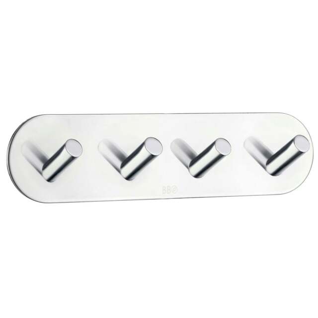 Rackhams Chrome Stainless Steel Quadruple Towel Hook (192 x 48mm) Self Adhesive Bathroom Wall Mounted - image 1