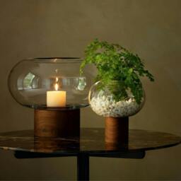 Rackhams LSA Oblate Glass Vase Lantern 21.5cm with Walnut Base Clear - Glass - 1 - Clear - thumbnail 5