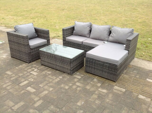 Rackhams Lounge Rattan Sofa Set Outdoor Garden Furniture With Single Arm Chair And Rectangular Coffee Table With Big Footstool