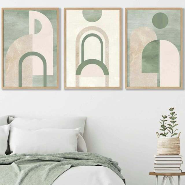 Rackhams Sage Green Boho Arches Set of 3 Framed Wall Art - 42x59cm (A2) - Light Oak - image 1