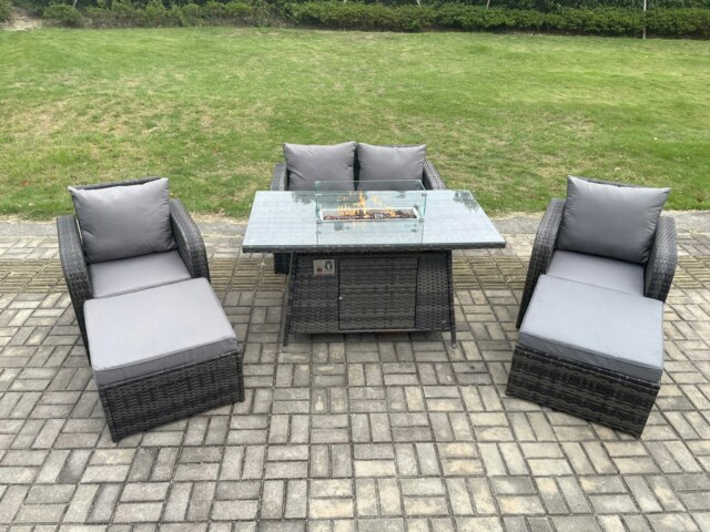 Rackhams Rattan Outdoor Garden Furniture Sofa Set Gas Fire Pit Dining Table Gas Heater with Love Sofa 2 Big Footstool Dark Grey Mixed - image 1