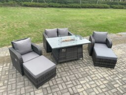 Rackhams Rattan Outdoor Garden Furniture Sofa Set Gas Fire Pit Dining Table Gas Heater with Love Sofa 2 Big Footstool Dark Grey Mixed - thumbnail 2
