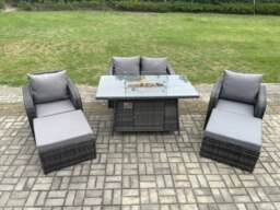 Rackhams Rattan Outdoor Garden Furniture Sofa Set Gas Fire Pit Dining Table Gas Heater with Love Sofa 2 Big Footstool Dark Grey Mixed - thumbnail 1