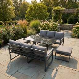 Rackhams 8 Seater Aluminium Outdoor Garden Furniture Set with Adjustable Dining Table, 2 Sofas & 2 Large Footstools - Dark Grey