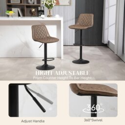 Rackhams Bar Stools Set of 2, Adjustable Bar Chairs Swivel for Kitchen Brown - Brown - thumbnail 4