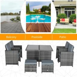 Rackhams 8-Seater Rattan Dining Set Garden Furniture Cushion Seat Woven Rattan Grey - thumbnail 5