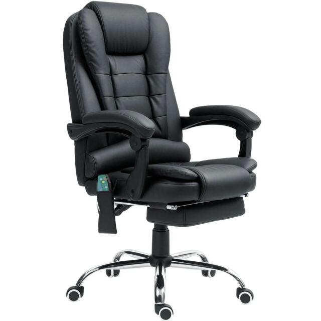 Rackhams Office Chair with 6 Point Massage and Back Heat, PU Desk Chair with Footrest Adjustable Height and Swivel Wheels, Back Reclining, Black