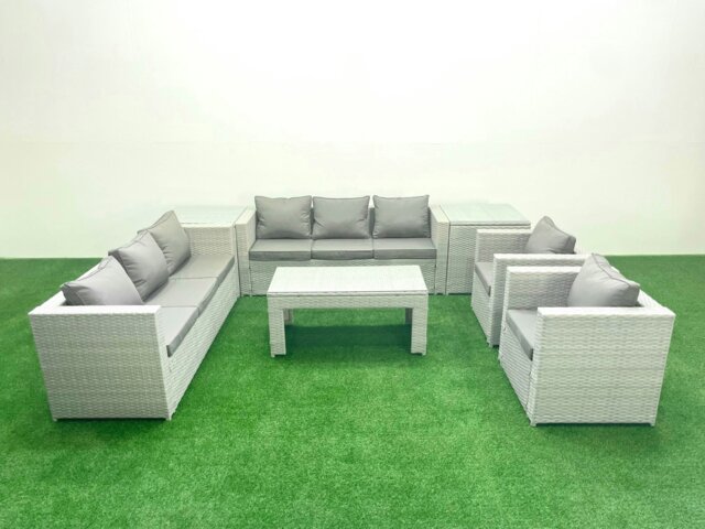 Rackhams Outdoor Garden Furniture Rattan Sofa Set with 2 Armchairs Oblong Coffee Table 2 Side Tables Light Grey Mixed - image 1