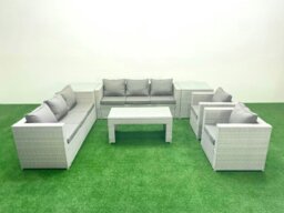Rackhams Outdoor Garden Furniture Rattan Sofa Set with 2 Armchairs Oblong Coffee Table 2 Side Tables Light Grey Mixed - thumbnail 1