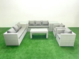 Rackhams Outdoor Garden Furniture Rattan Sofa Set with 2 Armchairs Oblong Coffee Table 2 Side Tables Light Grey Mixed - thumbnail 2