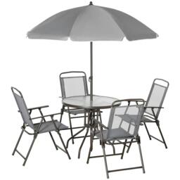 Rackhams 6 Piece Garden Dining Set with Umbrella, Outdoor Dining Sets with Parasol, 4 Folding Dining Chairs & Round Tempered Glass Table, Grey - thumbnail 1