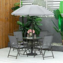 Rackhams 6 Piece Garden Dining Set with Umbrella, Outdoor Dining Sets with Parasol, 4 Folding Dining Chairs & Round Tempered Glass Table, Grey - thumbnail 2