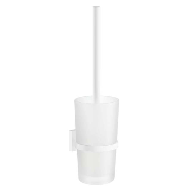 Rackhams Matt White Toilet Brush and Frosted Glass Holder