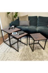 Rackhams Industrial Style Set of 3 Square Nesting Side Tables - Brown - thumbnail 2