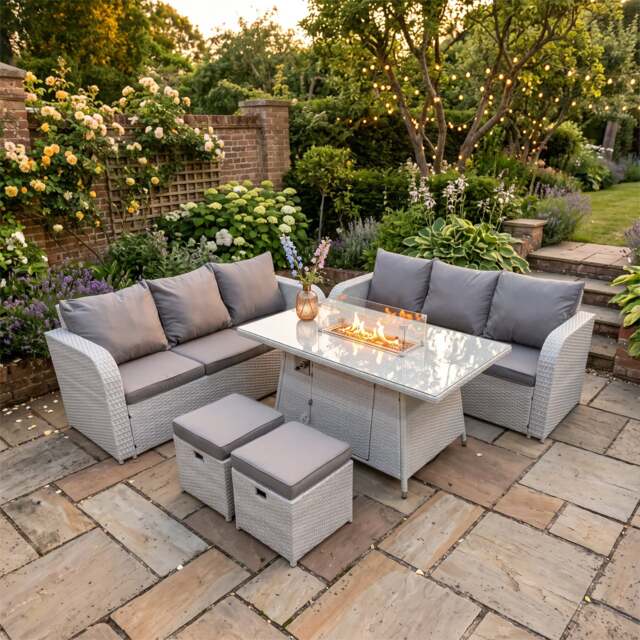 Rackhams Outdoor Garden Furniture Sets 8 Seater Wicker Rattan Furniture Sofa Sets with Fire Pit Dining Table high Back Lounge Sofa Stools Light Grey - image 1