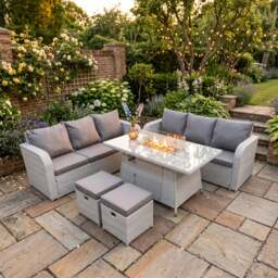 Rackhams Outdoor Garden Furniture Sets 8 Seater Wicker Rattan Furniture Sofa Sets with Fire Pit Dining Table high Back Lounge Sofa Stools Light Grey
