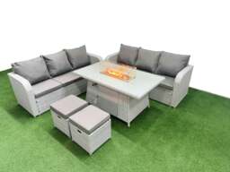 Rackhams Outdoor Garden Furniture Sets 8 Seater Wicker Rattan Furniture Sofa Sets with Fire Pit Dining Table high Back Lounge Sofa Stools Light Grey