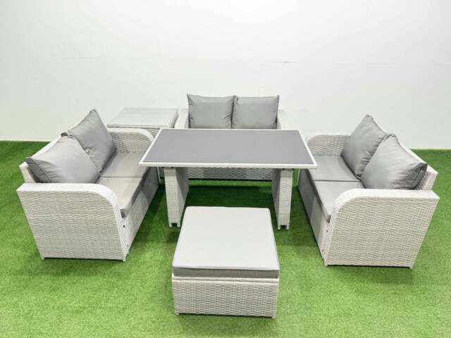 Rackhams 7 Seater Patio Garden Furniture Sets with Black Glass Top Dining Table Love Sofa Side Table Big Stool Light Grey - image 1