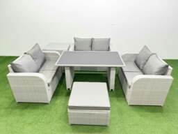 Rackhams 7 Seater Patio Garden Furniture Sets with Black Glass Top Dining Table Love Sofa Side Table Big Stool Light Grey - thumbnail 1