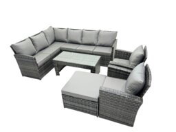 Rackhams 9 Seat Poly Rattan Outdoor Patio Oblong Coffee Table Corner Sofa Set with Big Stool 2 Chairs for Garden Backyard Dark Grey Mixed - thumbnail 2