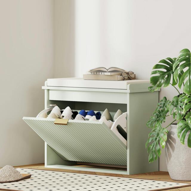 Rackhams Shoe Storage Bench with Cushion and Flip-Drawer 62x26x47.5cm Green - Green - MDF, particleboard, polyester, sponge - 1 - image 1