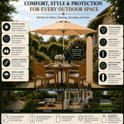 Rackhams Tilting Garden Parasol Table Umbrella 2.7M with Crank Handle, UV40 Protection, Includes Protection Cover - Sand - thumbnail 3