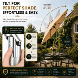 Rackhams Tilting Garden Parasol Table Umbrella 2.7M with Crank Handle, UV40 Protection, Includes Protection Cover - Sand - thumbnail 5