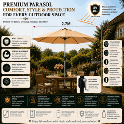 Rackhams Tilting Garden Parasol Table Umbrella 2.7M with Crank Handle, UV40 Protection, Includes Protection Cover - Sand - thumbnail 2