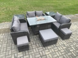Rackhams Outdoor Rattan Furniture Garden Dining Set Gas Fire Pit Table with 2 Side Tables Love Sofa 3 Footstools Dark Grey Mixed - thumbnail 2