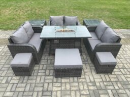 Rackhams Outdoor Rattan Furniture Garden Dining Set Gas Fire Pit Table with 2 Side Tables Love Sofa 3 Footstools Dark Grey Mixed - thumbnail 1